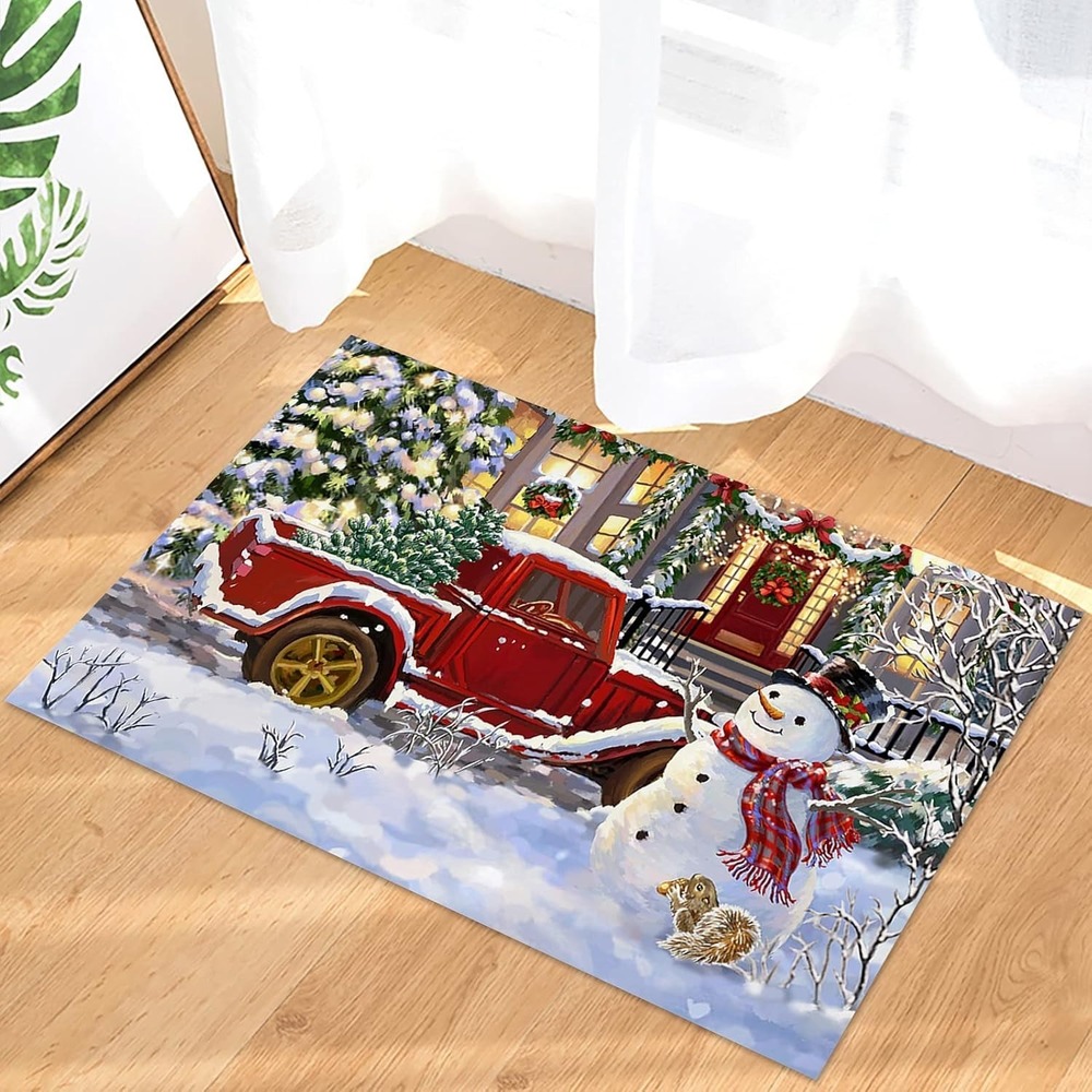 Winter Red Truck With Xmas Tree Christmas Snowman Door Mat